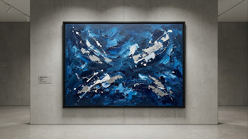 Oceanic Pulse — large abstract painting in deep navy, azure and silver leaf